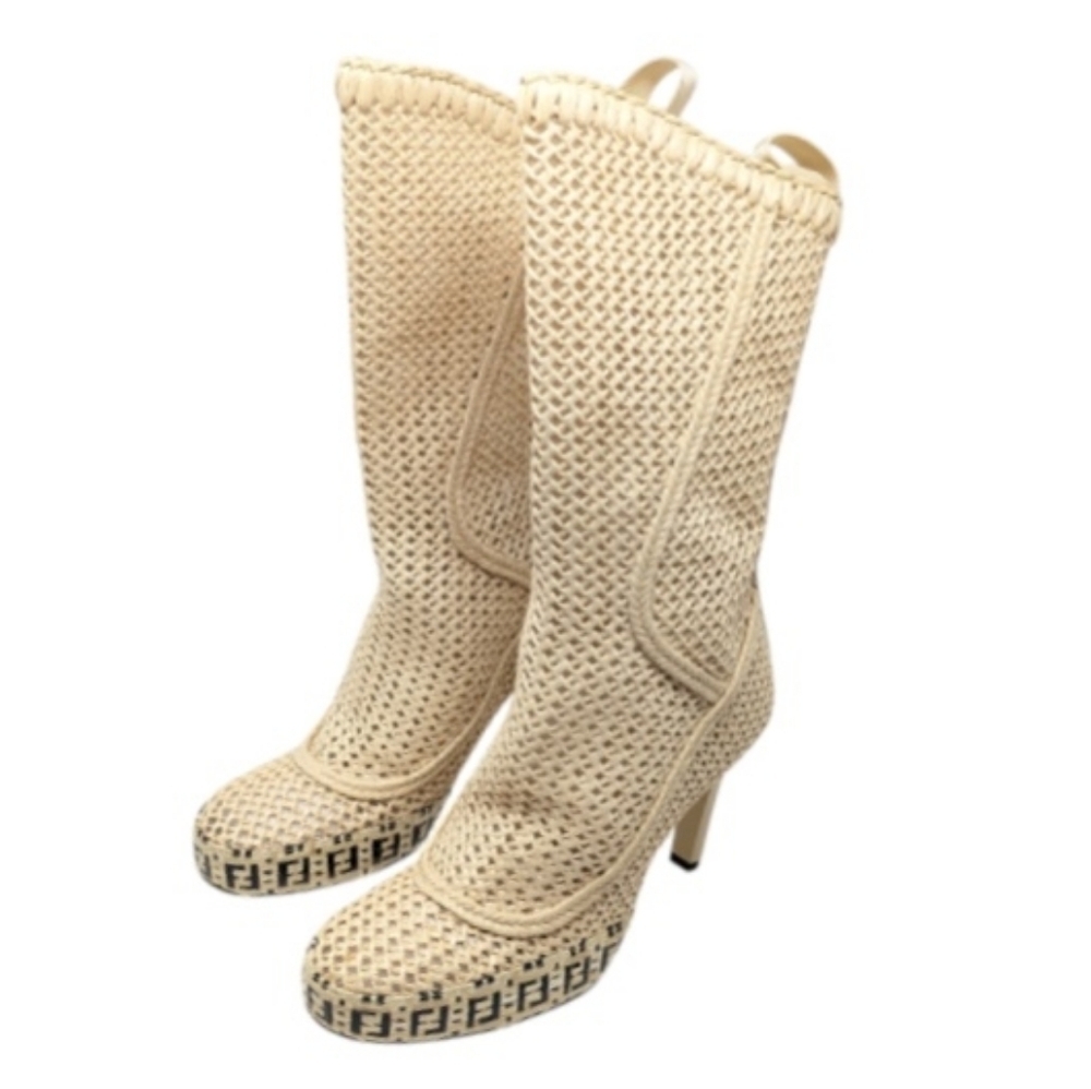 Fendi 105mm FF Woven Raffia Spring '21 Runway Zip Mid Calf Booties Size EU 38 - Picture 2 of 15